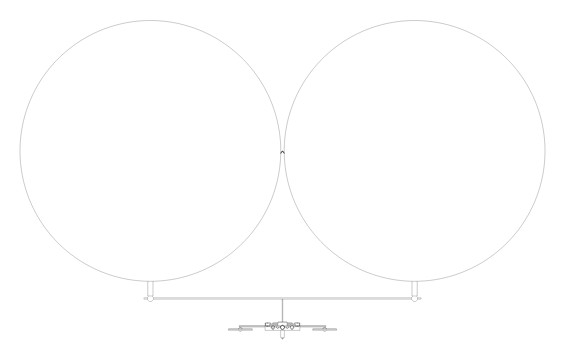 Front elevation: two balloons side by side, yoke between the knots, tray hung below