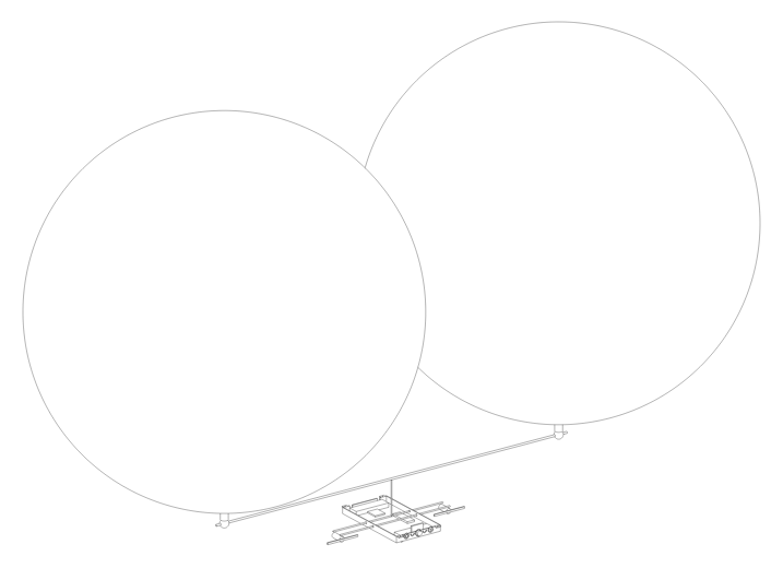 Isometric line drawing of the blimp: two balloons, yoke, tray, rods, motors