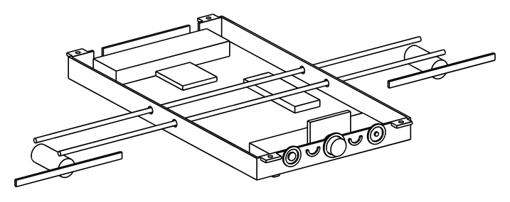 Isometric line drawing of the loaded tray: boards, batteries, drivers, rods, motors, props