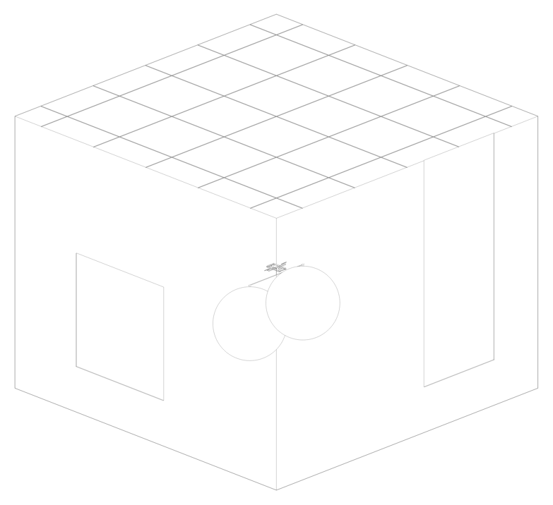 Isometric line drawing of the twin-balloon blimp floating in a tiled room