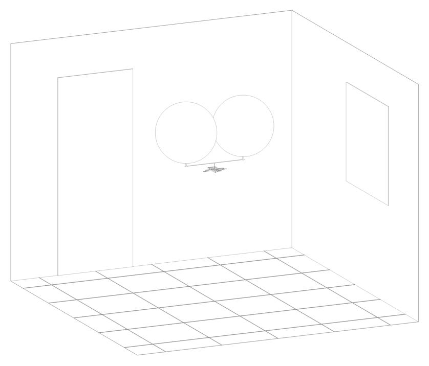 Three-quarter line drawing of the twin-balloon blimp floating at head height in a room with a door and a window