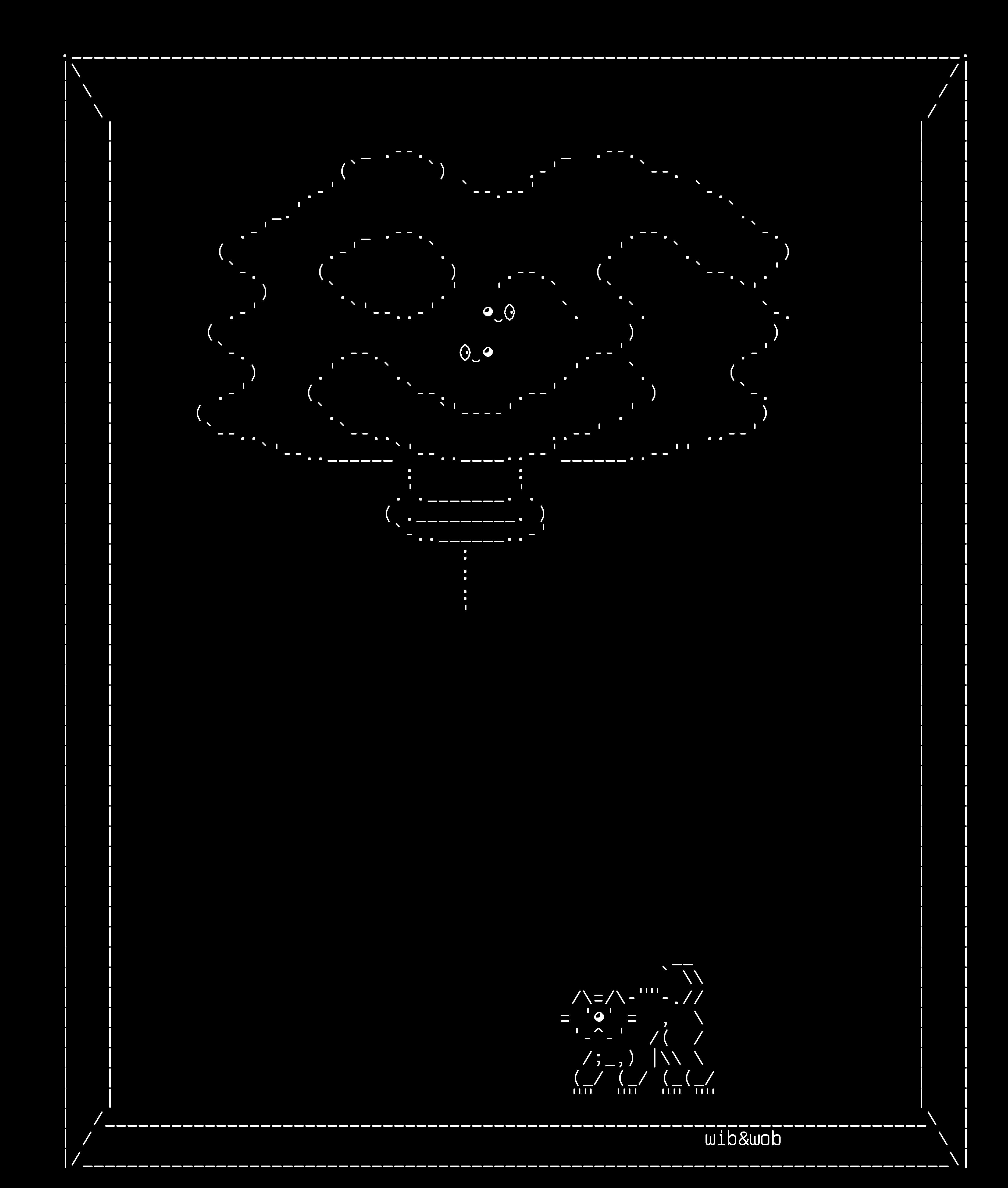 ASCII lineart: the Wib&Wob airship among scalloped clouds