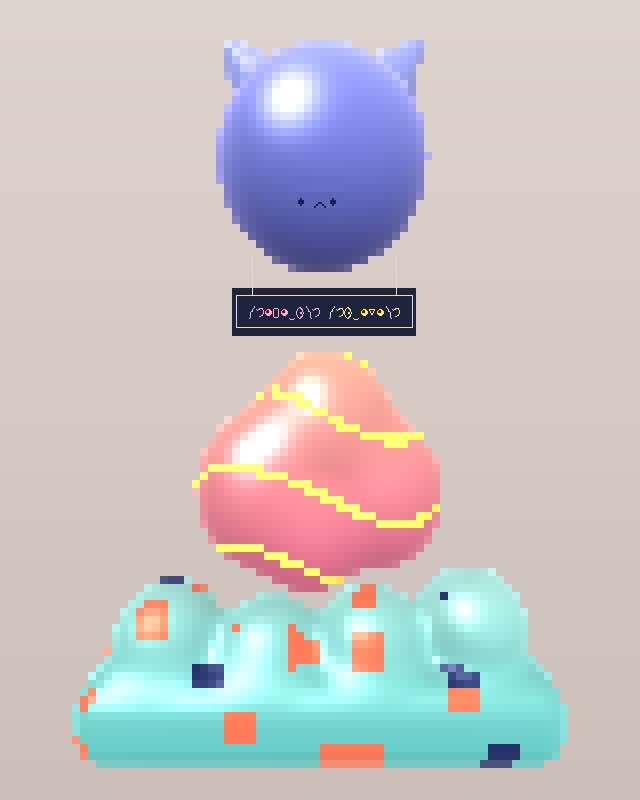 The blue cat balloon with her gondola hangs above a pink striped egg and a pale blue cloud on a cream background
