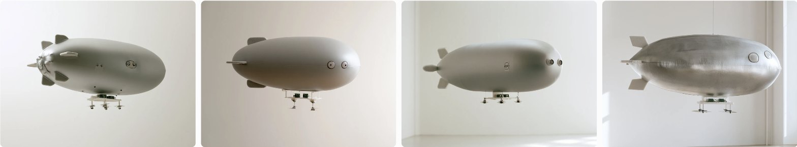 Render: a silver-grey cigar-shaped film blimp with tail fins and a small gondola underneath, floating in a bright studio