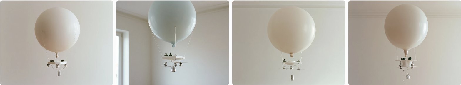Render: a single pale latex balloon with a small tray of electronics hung from its neck